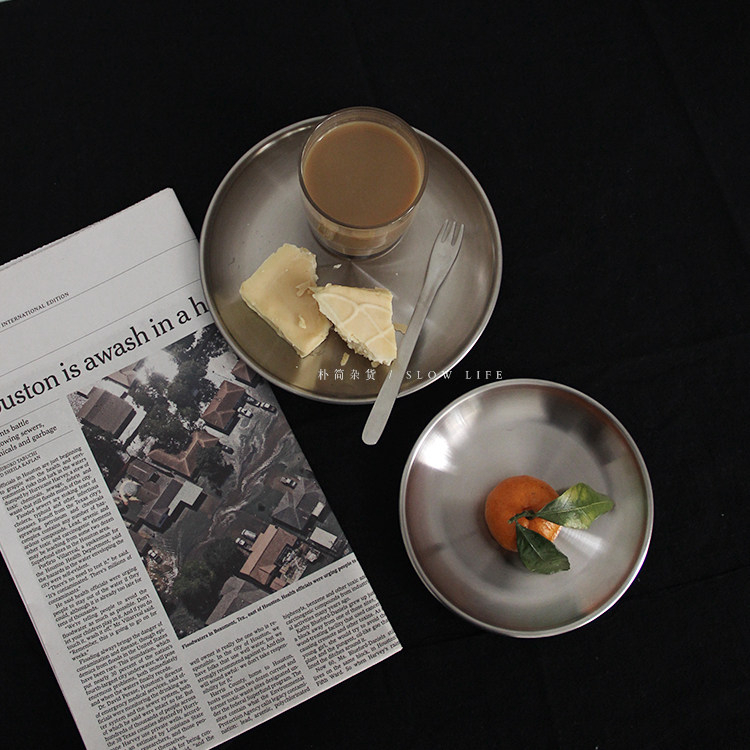 朴简 ins北欧不锈钢金属圆盘甜品盘咖啡厅托盘chic风铁盘碟子1043