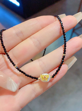 天然淡水珍珠蝴蝶项链简约时尚网红通勤颈链设计感黑色水晶锁骨