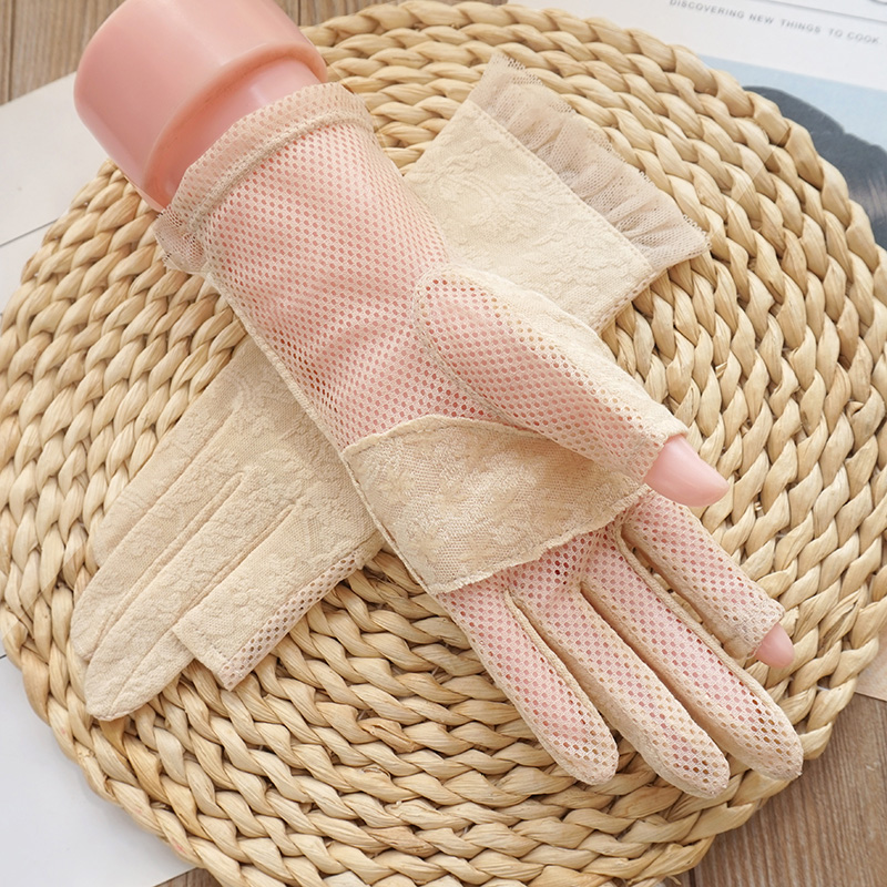 歌诺达女士新品夏季蕾丝棉露指触屏手套开车防滑薄款透气手套