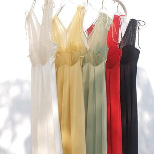 訫心FA3511复古刺绣绑带无袖 棉垫镂空S曲线睡裙性感诱惑吊带裙