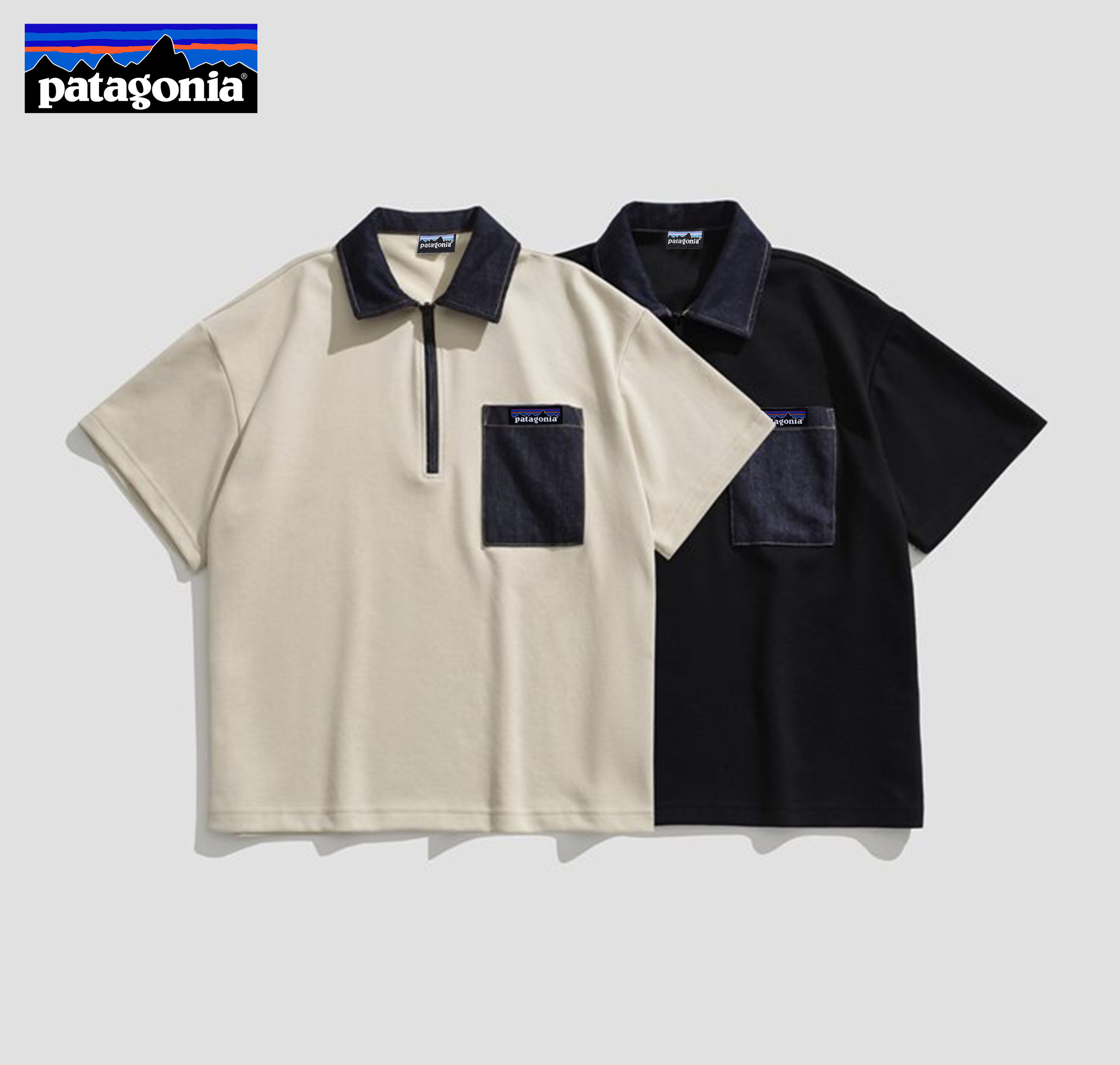 pata巴塔夏季牛仔拼色重磅珠地棉情侣款半拉链polo衫短袖套装