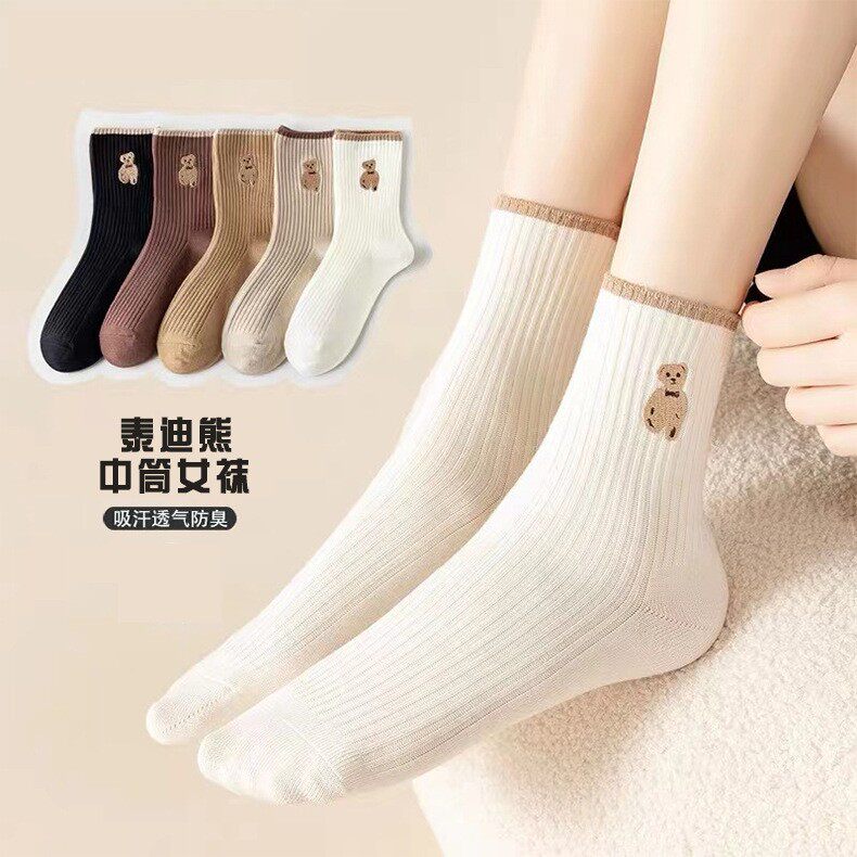 熊袜子女春秋冬款中筒袜可爱ins潮流网红长筒袜堆堆袜子包邮