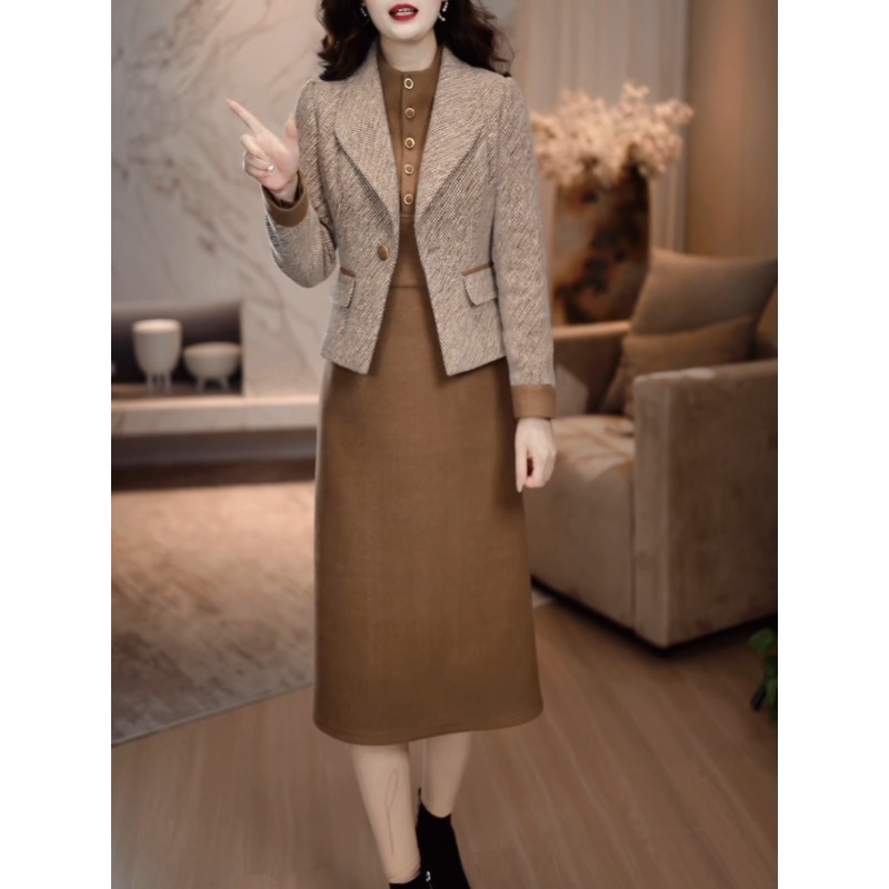 轻奢高级感加厚套装女2025冬季新款女士优雅显瘦连衣裙外套两件套