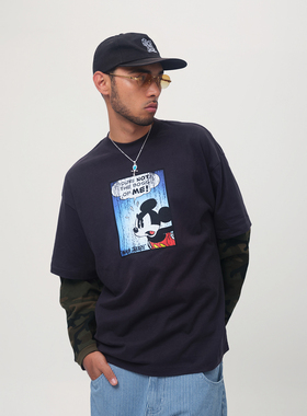 ComicTree C.t 2025秋季新款迷彩男士假两件卡通米奇圆领纯棉长袖