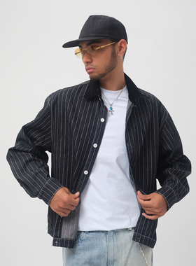 ComicTree C.t 2025秋季条纹牛仔灯芯绒翻领长袖衬衫中性简约男士