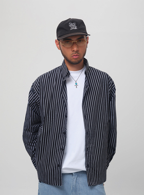 ComicTree C.t 2025秋季基础长袖条纹衬衣男士新款黑色衬衫休闲