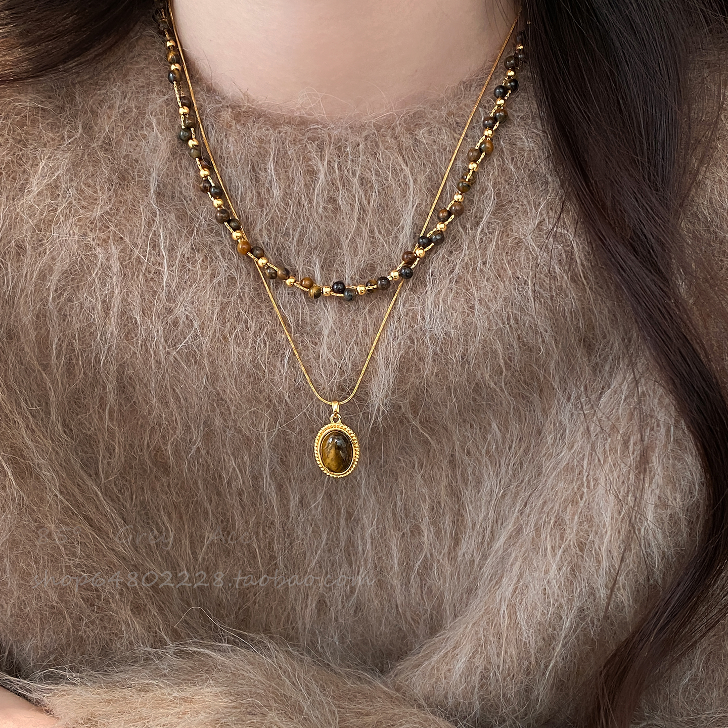 虎眼石串珠秋冬叠戴项链女高级感