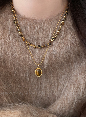 虎眼石串珠秋冬叠戴项链女高级感