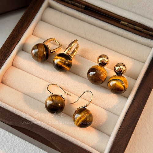 复古港风美拉德晕染虎眼石耳钉女气质高级感耳环春秋轻奢耳勾耳扣