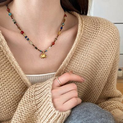 气质彩色天然石小象串珠项链