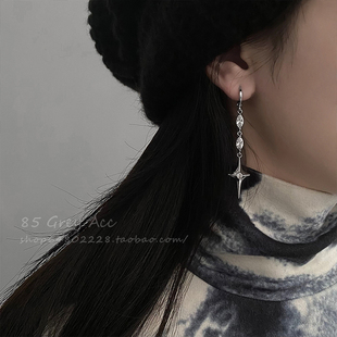 酷感十足!十字架锆石链条耳环女ins小众设计感耳钉高级气质耳饰