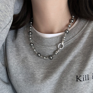 轻奢高级感施家真多麻灰珍珠锆石项链女小众设计重工锁骨链毛衣链