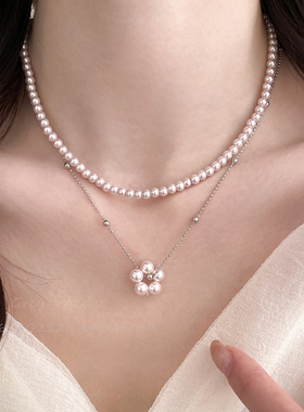 双层叠戴曼塔珍珠项链女生轻奢