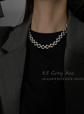 85度灰朋克纯手工镂空钢珠钛钢项链男女ins小众设计感锁骨链配饰