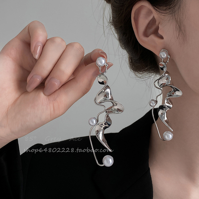 欧美风夸张长款不规则珍珠耳钉