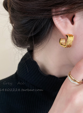 简约气质小方块C型时髦金色耳环女高级感轻奢百搭时尚耳钉耳饰品