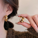 美拉德虎眼石金色珍珠C圈耳环女2025新款 耳圈高级感耳饰秋冬耳钉