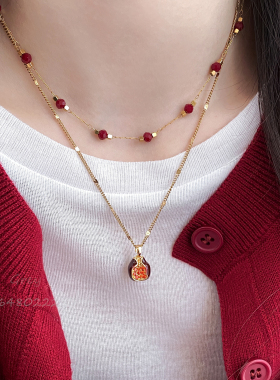 勃艮第红石榴吊坠项链女款