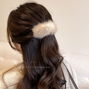 温柔气质水貂毛毛绒发夹女秋冬后脑勺半扎一字夹ins风百搭侧边夹