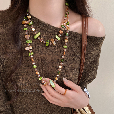 波西米亚绿色天然贝壳长款项链女