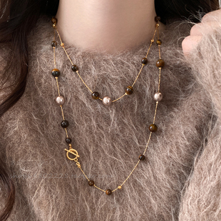 美拉德复古虎眼石珍珠串珠双层项链女轻奢小众气质叠戴秋冬毛衣链