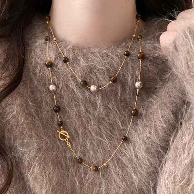 美拉德复古虎眼石珍珠串珠项链女