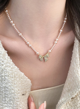 蝴蝶结珍珠项链女2026新款高级感绝美好看锁骨链轻奢小众颈链配饰