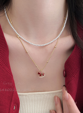 滴釉木马珍珠吊坠项链女双层叠戴设计感精致本命年锁骨链小众颈链