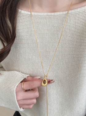 复古美拉德虎眼石项链女春秋轻奢高级感颈链长款可抽拉毛衣链配饰