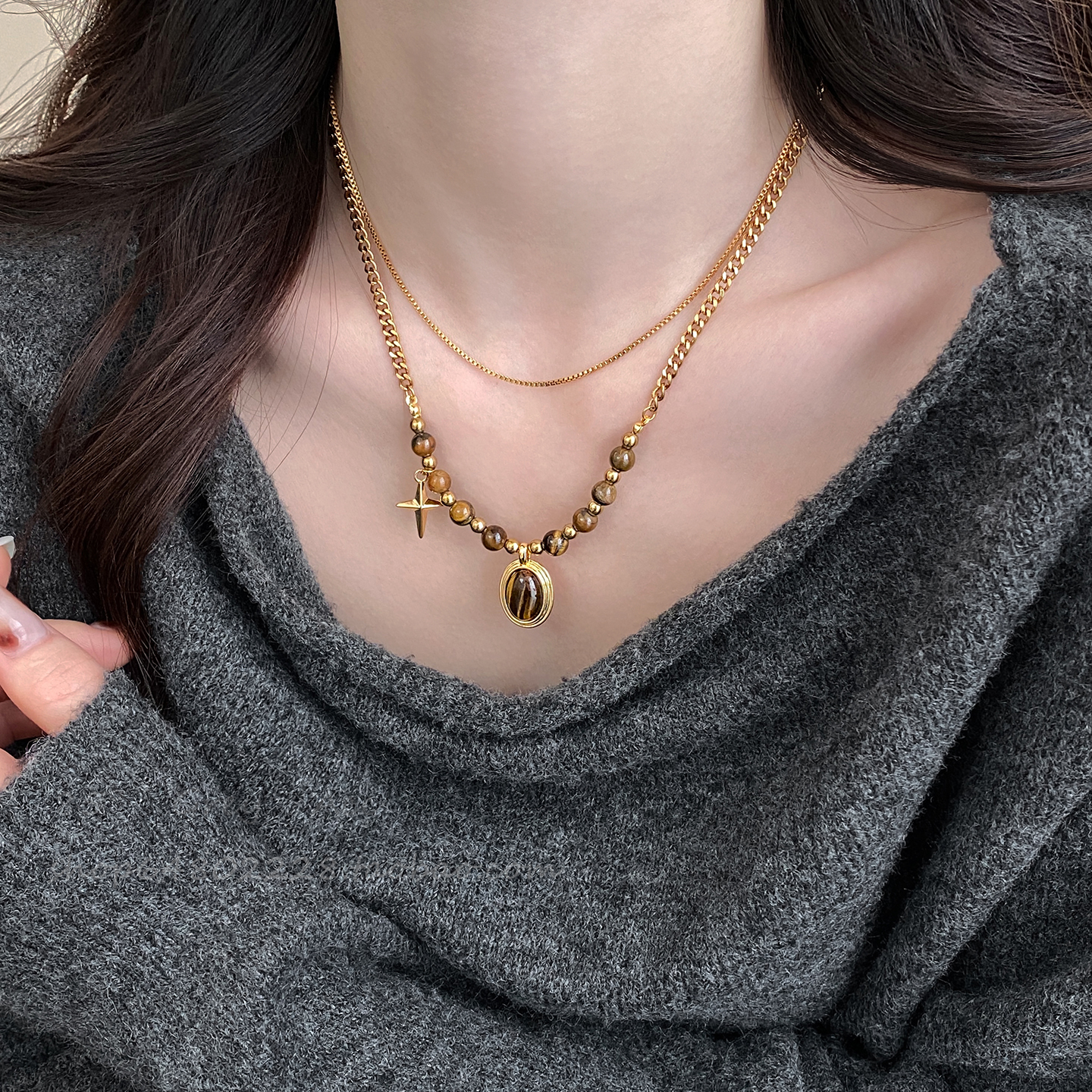 美拉德椭圆虎眼石双层项链女