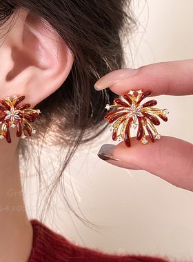 新年红色滴釉耳钉女轻奢闪钻烟花耳环2026新款高级感精致绝美耳饰