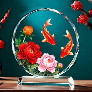 锦上添花摆件双好运锦鲤富贵牡丹花客厅书房办公室玄关桌面摆台