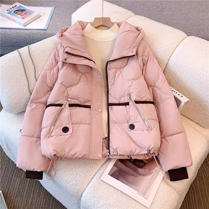 粉色连帽正肩羽绒棉服外套女2025冬新款大码胖mm小个子短款面包服