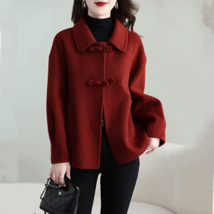 宽松女 高端妈妈小个子毛呢上衣外套时尚 秋冬双面毛呢大衣新款 短款