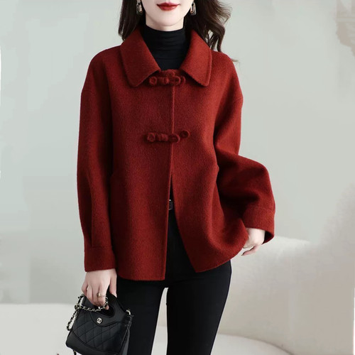 秋冬双面毛呢大衣新款短款高端妈妈小个子毛呢上衣外套时尚宽松女