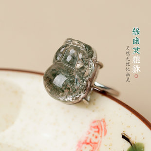 招财水晶绿幽灵戒指女士旺夫守财貔貅绿色水晶转运食指纯银戒吸财