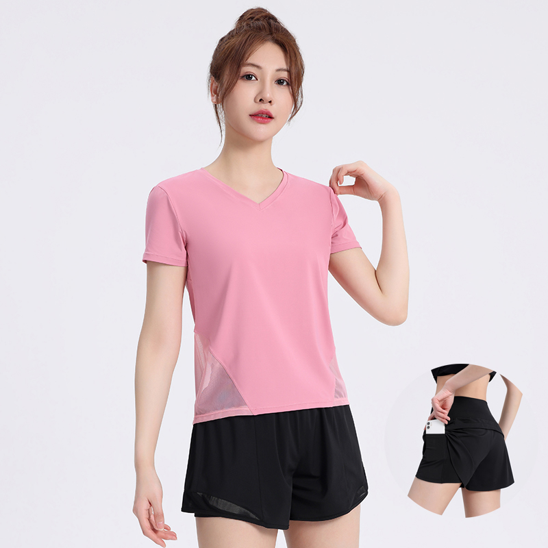 速干运动套装女短袖网纱弹力透气瑜伽服健身夜跑跑步短裤可放手机