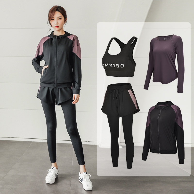 瑜伽服套装女春冬季长袖连帽时尚专业晨跑服健身房跑步运动速干衣