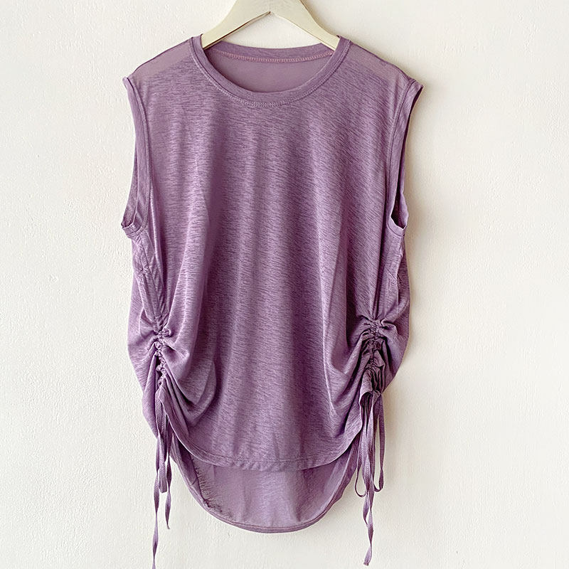 新款竹节纱透气瑜伽背心宽松圆领无袖运动服下摆抽绳罩衫