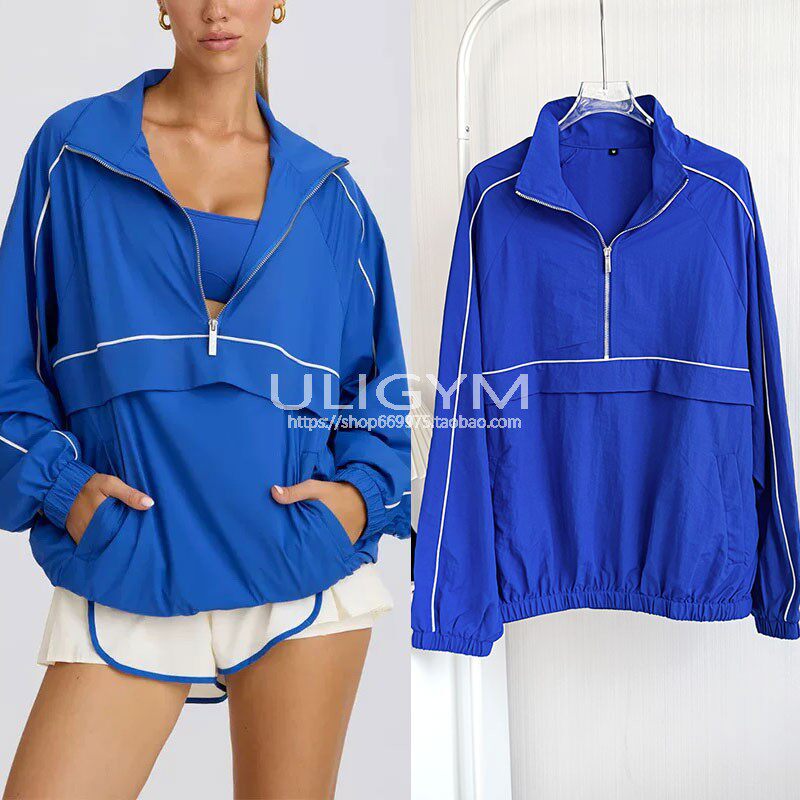 简约运动风立领半拉链卫衣女长袖宽松显瘦蓝色休闲上衣户外跑步T