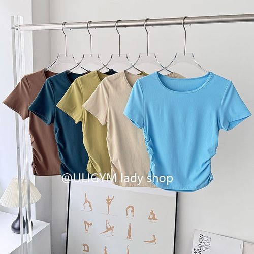 ULIGYM瑜伽上衣女短袖收腰褶皱运动弹力健身服裸感运动T恤跑步T恤
