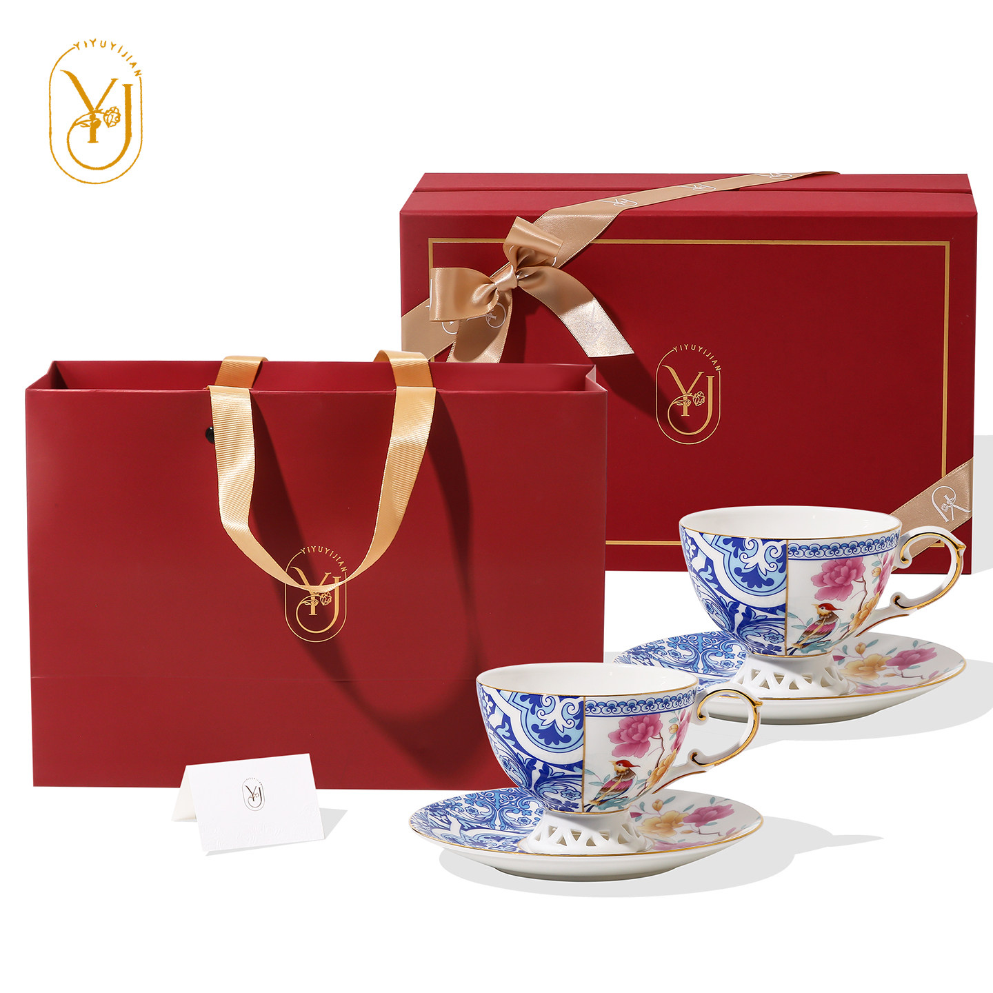 订婚礼物骨瓷咖啡杯青花杯碟创意杯子欧式小奢华下午茶具送勺套装