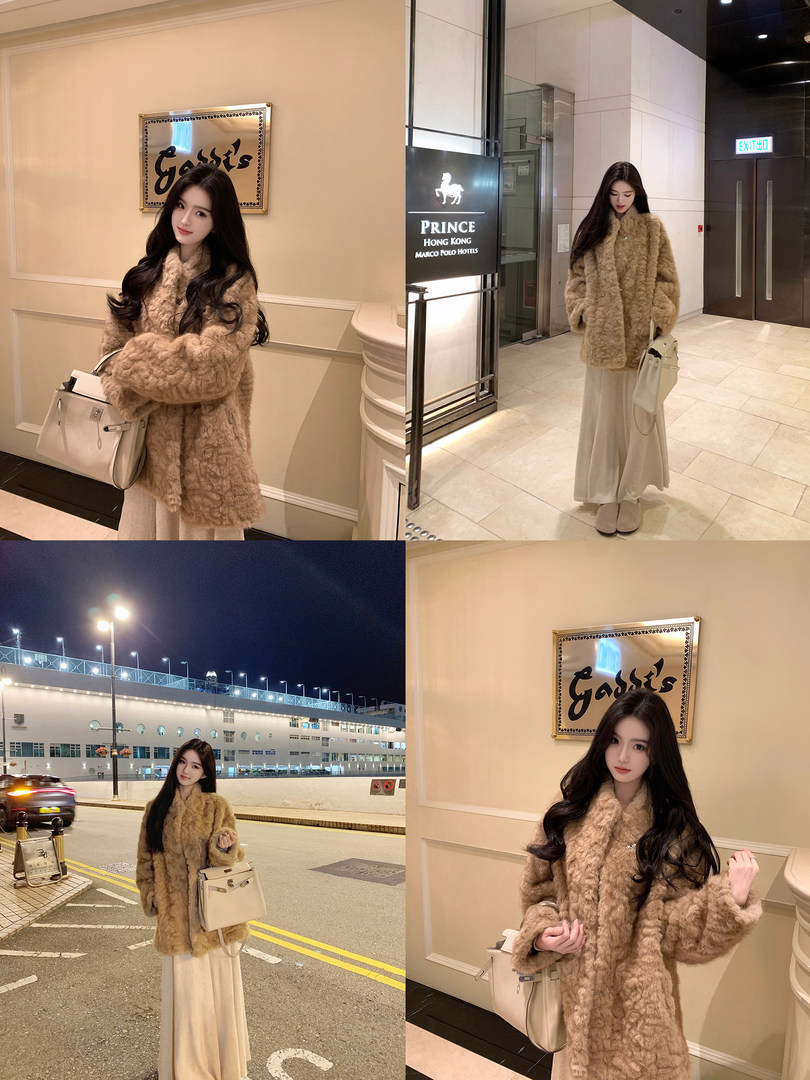 Model wearing a beige fluffy coat in various indoor and outdoor settings