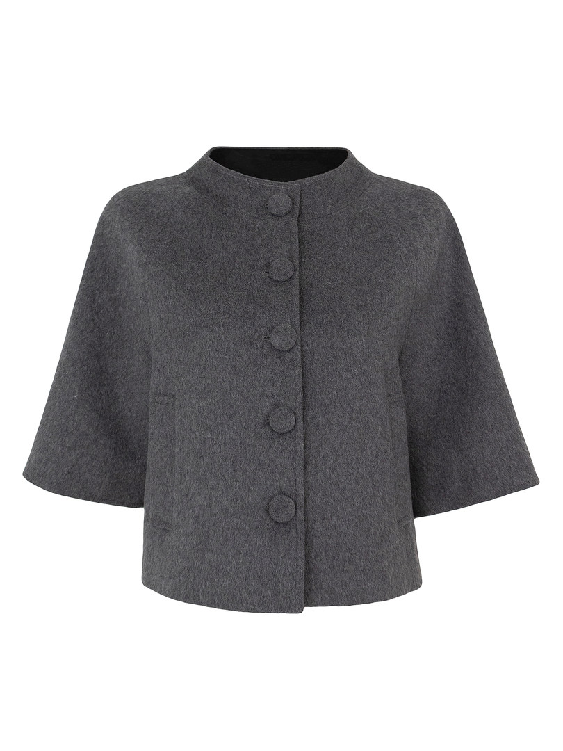 Grey wool cape-style coat with buttons on white background