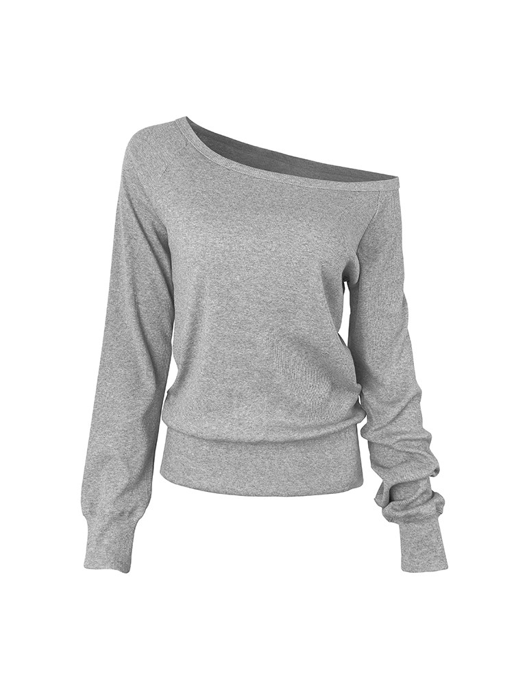 Gray off-shoulder long-sleeve sweater on white background