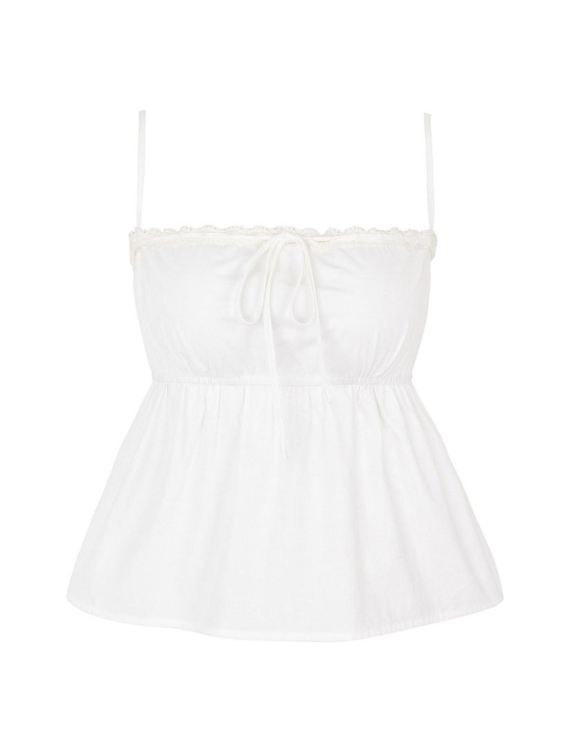 White lace-trimmed camisole top with tie detail