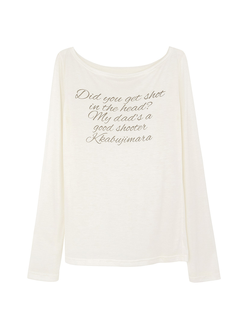 White long-sleeve shirt with printed text on the front