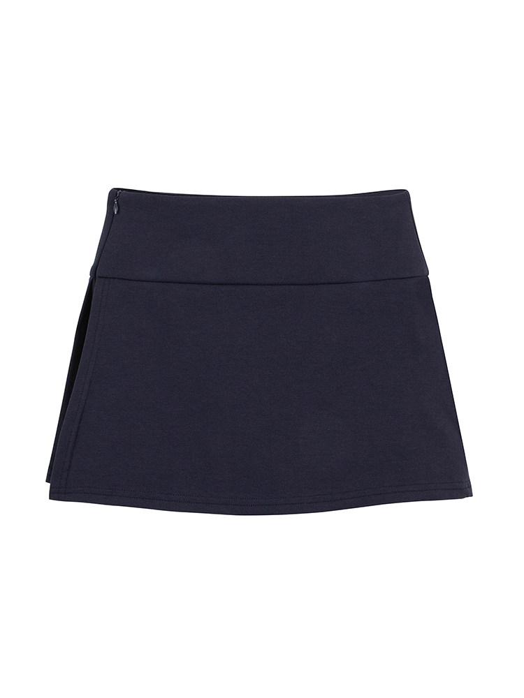 Navy blue mini skirt laid flat on white background