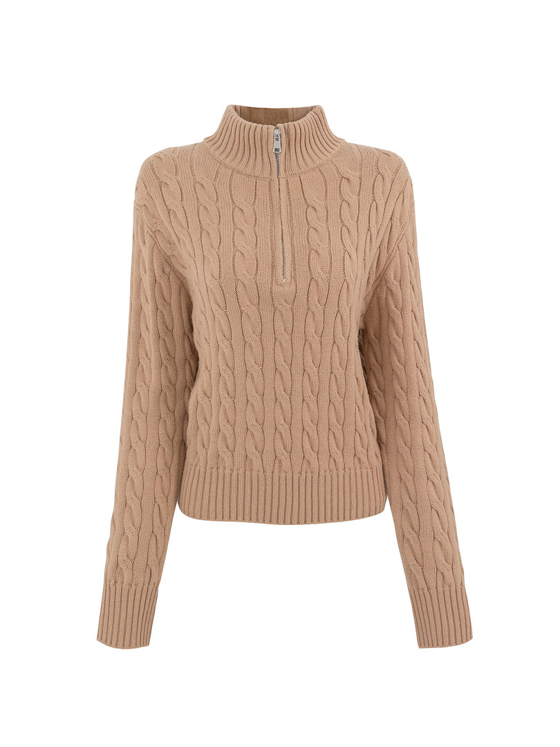 Beige cable knit sweater with half-zip front on white background