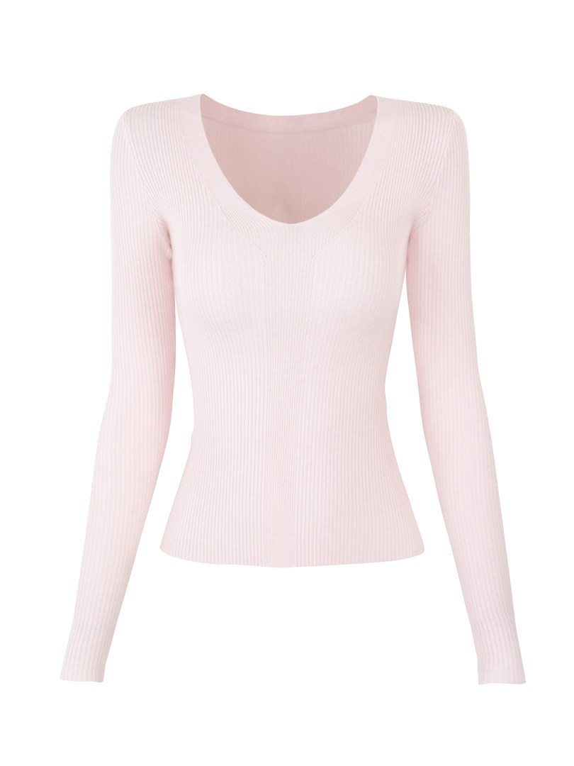 Light pink ribbed long-sleeve top with V-neck
